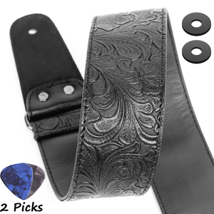 Printed Leather Guitar Strap PU Leather Western Vintage 60's Retro Guitar Strap with Genuine Leather
